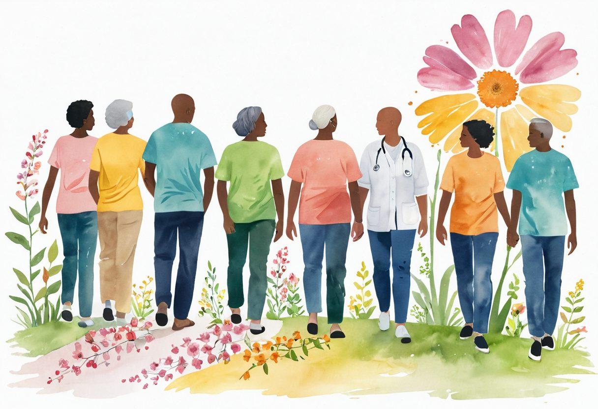 A tranquil scene depicting a diverse group of people at various stages of their cancer journey, from a supportive doctor explaining diagnosis, to a survivor celebrating recovery. Include symbolic elements like a blooming flower representing hope, a roadmap illustrating the journey, and various supportive resources scattered around. Soft, uplifting colors to create an encouraging atmosphere. super-realistic. vibrant colors. white background.