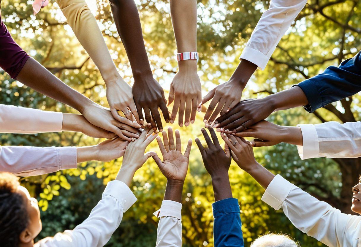 A serene and uplifting scene depicting a diverse group of people holding hands in a circle, symbolizing unity and support in the face of cancer. Soft sunlight filters through trees, casting warm hues, while educational materials like brochures and ribbons are scattered around. The background features a blooming garden, representing hope and renewal, with a subtle 'awareness' ribbon motif interwoven throughout. super-realistic. vibrant colors. soft focus.
