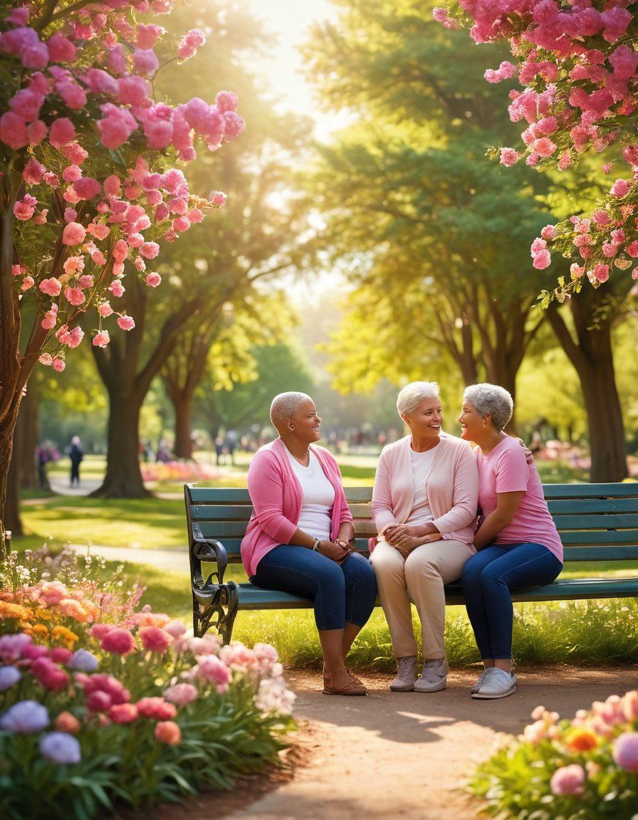 A warm and inviting scene featuring diverse cancer survivors sharing their stories in a serene park setting, with vibrant flowers blooming and sunlight filtering through the trees. Include supportive elements like ribbons symbolizing cancer awareness, and gentle, embracing gestures among individuals. The background should depict a sense of community and hope, creating an uplifting atmosphere. super-realistic. vibrant colors. natural lighting.
